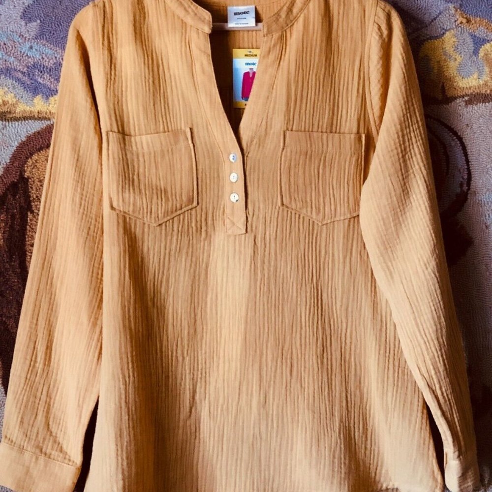 NWT Mote Sz M Women's Blouse Shirt Popover Long Sleeve Yellow 2 Pockets